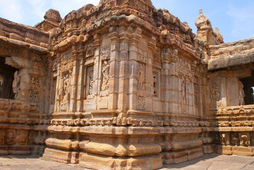 Fototapeta premium Exterior view of the sourhern walls. The Devakoshthas, Virupaksha temple, Pattadakal temple complex, Pattadakal, Karnataka. Southeast view. East and west entrances are also partially seen.