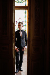 elegant stylish handsome groom portrait. bearded man standing at