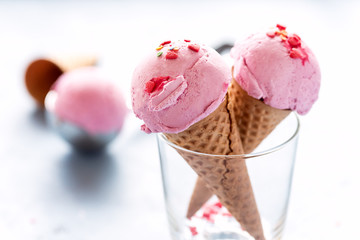 Two Tasty Ice Cream Cone Close Up Tasty Ice Cream Horizontal Copy Space