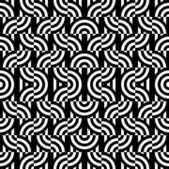 Seamless pattern with circles and striped black white straight lines. Optical illusion effect. Geometric tile in op art style. Vector illusive background for cloth, textile, print, web.
