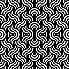 Seamless pattern with circles and striped black white straight lines. Optical illusion effect. Geometric tile in op art style. Vector illusive background for cloth, textile, print, web.