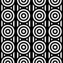 Seamless pattern with circles and striped black white straight lines. Optical illusion effect. Geometric tile in op art style. Vector illusive background for cloth, textile, print, web.