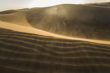 dunes in desert are sandy and are all the time in the move, wind is blowing the sand and making new hills, shapes and creations