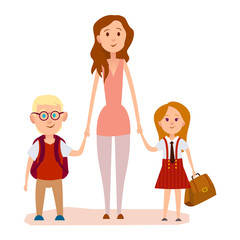 Young Mother Holding Two School Children Art Icon