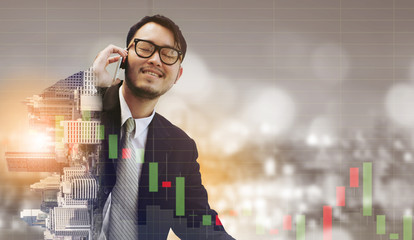 Double exposure businessman using mobile phone.
