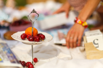 Flat lay layout with berries and grapes