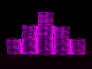 Columns of coins in bright purple colors. Money.