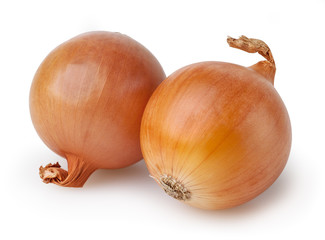 Two onion bulbs isolated on white background with clipping path