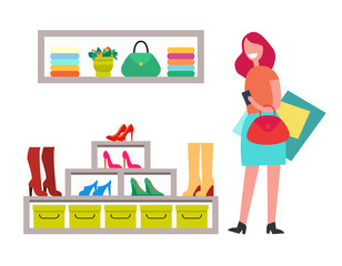 Cheerful Lady with Red Handbag and Many Purchases