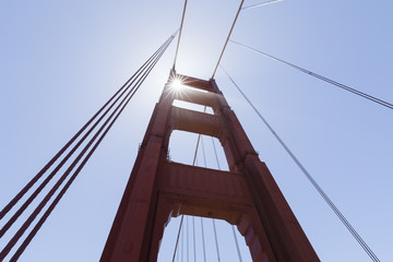 Tower of the Golden Gate Bridge in the fog, San Francisco, California, USA