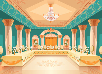 Vector hall for banquet, wedding. Interior of ballroom with tables, chairs for feast, celebration or royal reception. Big room with chandelier, columns, pillars in luxury medieval palace