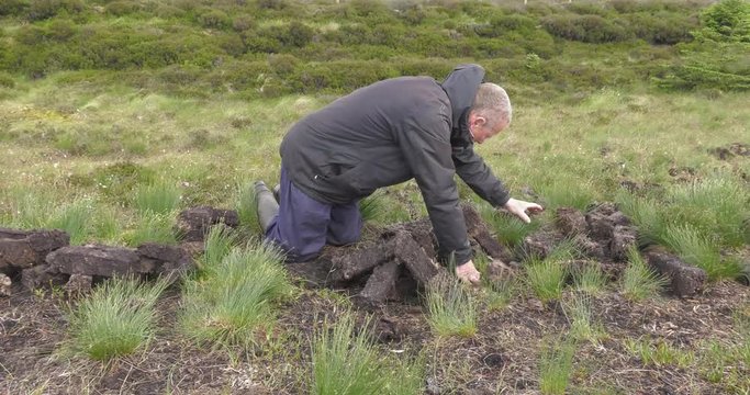 Peatland, bogland, Peat, drainage, coal, decompose, County Mayo. Turf, cut, blocks, spade, aroma, burning, artificial, fires, smell, peat, fire, farm, plough, rally, bog, Ireland, irish, Donegal, summ