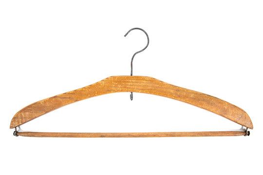 Old wood clothes hanger isolated on white background