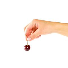 The male hand holds one red cherry berries. Isolated on white background