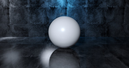 Abstract Geometric Simple Primitive Shape White Sphere In Realistic Dark Concrete Room Texture With Blue Light 3D Rendering