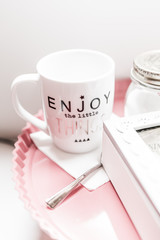 Enjoy Little Things Tea Mug and Set on Pink Tray