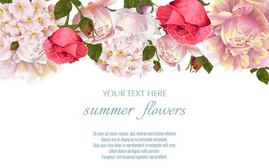 Vector vintage floral border with peony and roses flovers. flovers. Template for greeting cards, wedding decorations, sales.
