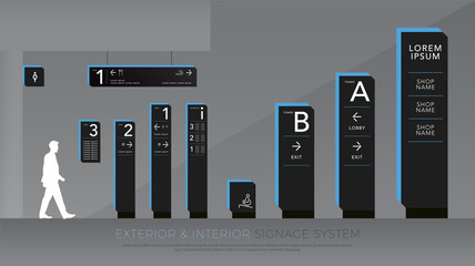 exterior and interior signage. directional, pole, and traffic signage system design template set. empty space for logo, text blue and black color corporate identity