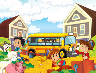 cartoon scene with kids on the farm having fun and school bus - illustration for children