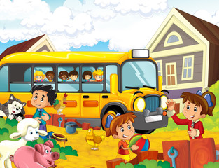 cartoon scene with kids on the farm having fun and school bus - illustration for children