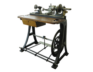 Fototapeta na wymiar Vintage old turning lathe machine isolated over white background