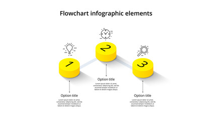 Business process chart infographics with 3 step segments. Isometric 3d corporate timeline infograph elements. Company presentation slide template. Modern vector info graphic layout design.