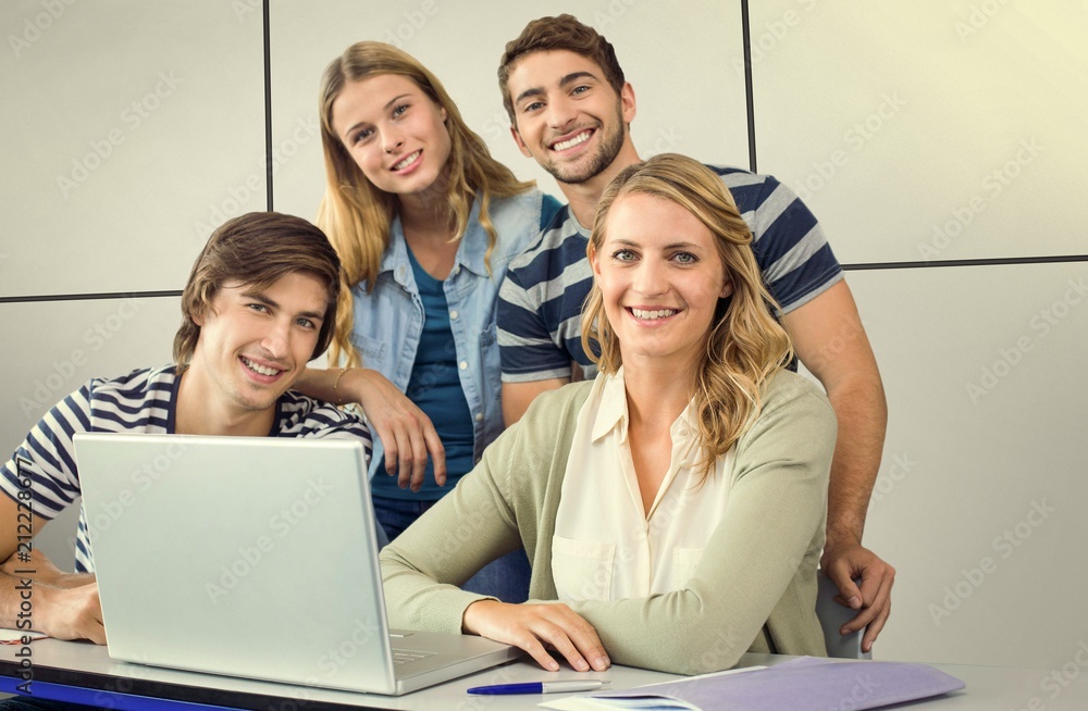 Poster composite image of students using laptop in classroom