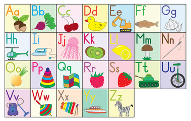 English alphabet, cards, set. Education for kids. Vector illustration.