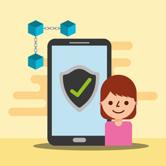 woman character smartphone blockchain  check mark