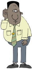 Illustration a hard of hearing black businessman cupping his ear to listen.