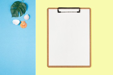 Clipboard with white sheet on pastel color background, Minimal concept