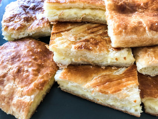 Buffet dinner at the cottage. Feast on the nature, khachapuri - traditional Georgian food