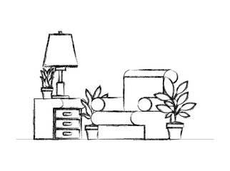 living room with houseplants scene vector illustration design