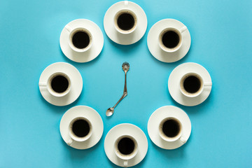 Overhead view of the steps in drinking a cup of fresh espresso. Coffee clock. Art food. Good morning concept