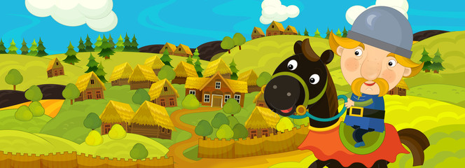 cartoon scene with warrior on horse near the farm village - illustration for children