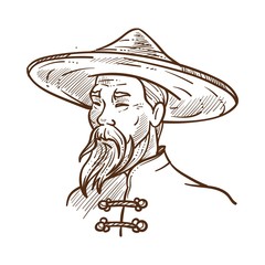 Chinese man wearing traditional clothes monochrome sketch vector illustration