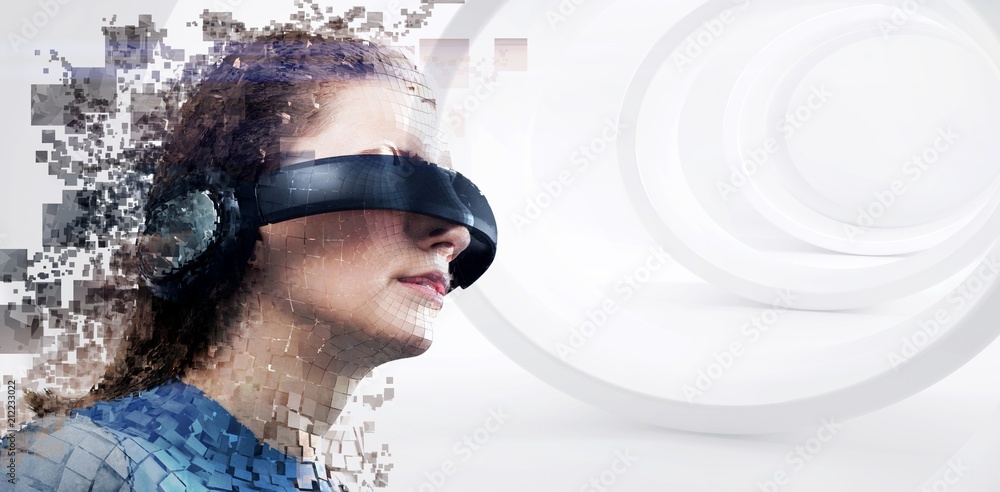 Poster composite image of digital composite of woman with a virtual
