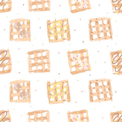 Seamless pattern with baking. Hand drawn waffles with sprinkles on a transparent background.