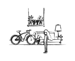 woman in the livingroom with houseplants and bicycle vector illustration