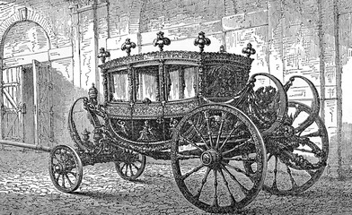 Fototapeta na wymiar Vintage engraving of State carriage, coach owned by a state for royal use, for state visits, royal weddings and other high ceremonial events
