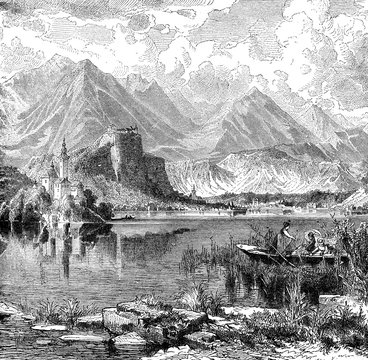 Vintage engraving of Bled lake, once named Veldes. View of the medieval  castle of XI century and the Slovenian Alps