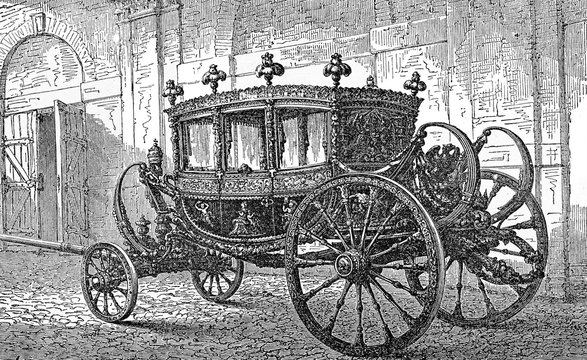 Vintage engraving of State carriage, coach owned by a state for royal use, for state visits, royal weddings and other high ceremonial events