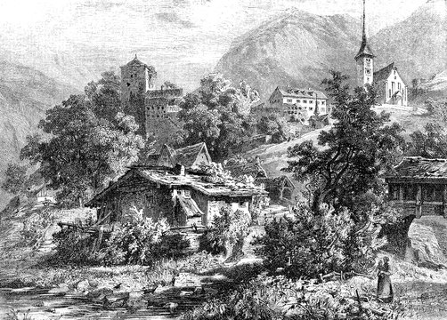 Vintage engraved view of Buerglen in the canton of Uri in Switzerland, legendary home of William Tell with the church high on the hill and the Meierturm of XIII century
