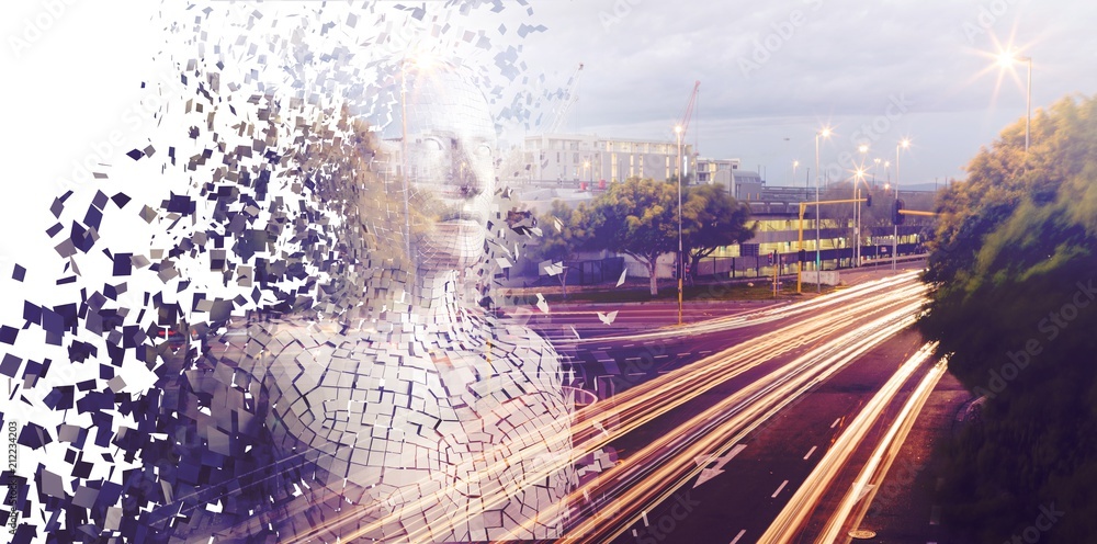 Poster composite image of pixelated gray 3d man