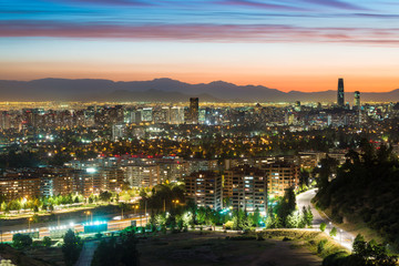 Obraz premium Panoramic view of Santiago de Chile with Las Condes and Vitacura districts and the wealthy neighborhood of Lo Curro