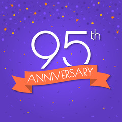 95 years anniversary logo isolated on confetti background. 95th anniversary banner with ribbon. Birthday, celebration, party, invitation card design element. Vector illustration.