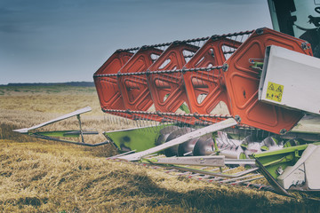 Combine harvester working in wheat field