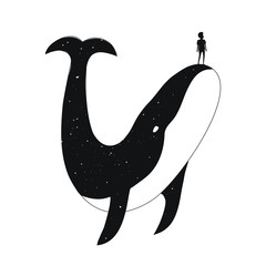 Vector black and white illustration with big whale and little young man silhouette © julymilks