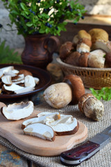 Fototapeta na wymiar Porcini. Chopped white mushroom on wooden cutting board. Edible wild mushrooms. Food preparation. Summer or Autumn harvest. Copy space