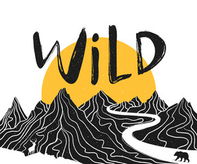 Vector poster with mountain landscape, deer, bear and lettering word - WILD